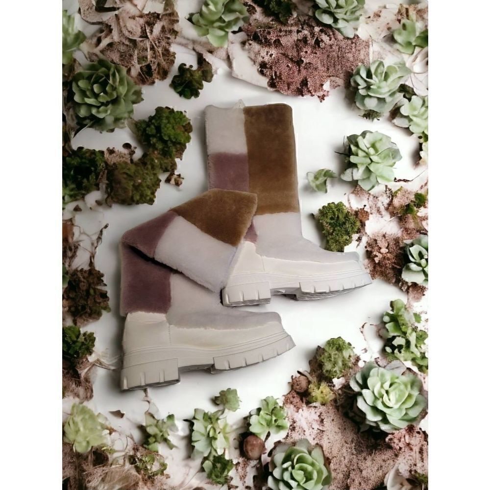 Free People Happy Thoughts Shearling Fur Boot Colorblock White Tan Rose 7 1/2